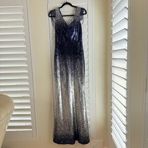 Navy to Silver Ombre Sequin V-Neck Evening Gown EUC